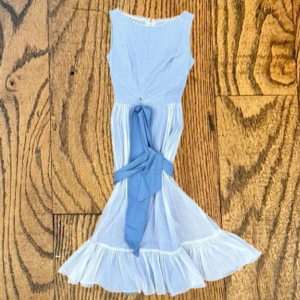 Vintage 60's / 70s Blue Boho Prairie Dress With White Polka Dots and Lace Ruffle